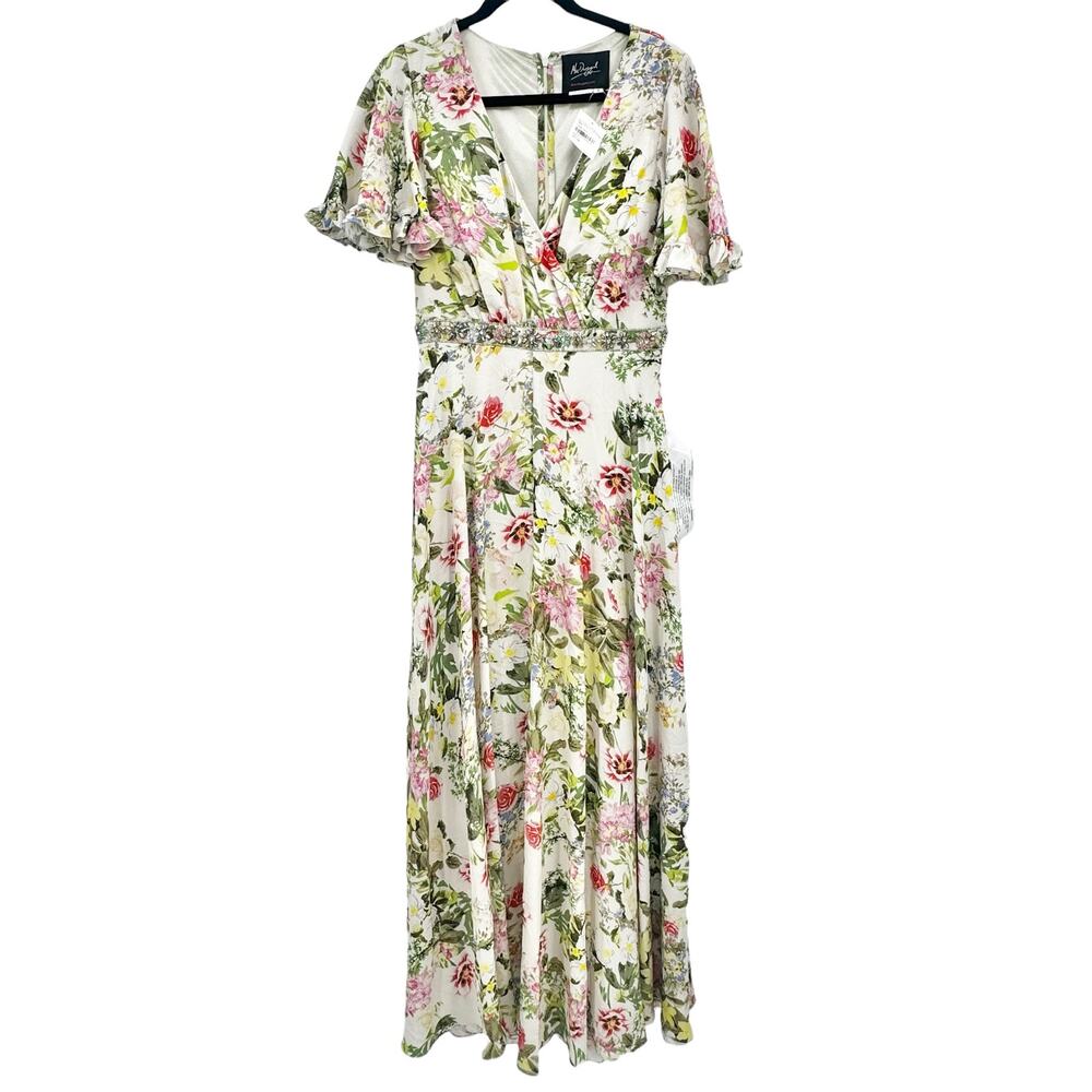 Mac Duggal Floral Print Faux Wrap Flutter Sleeve A-Line Gown Multicolor 12 NWT - Picture 8 of 11